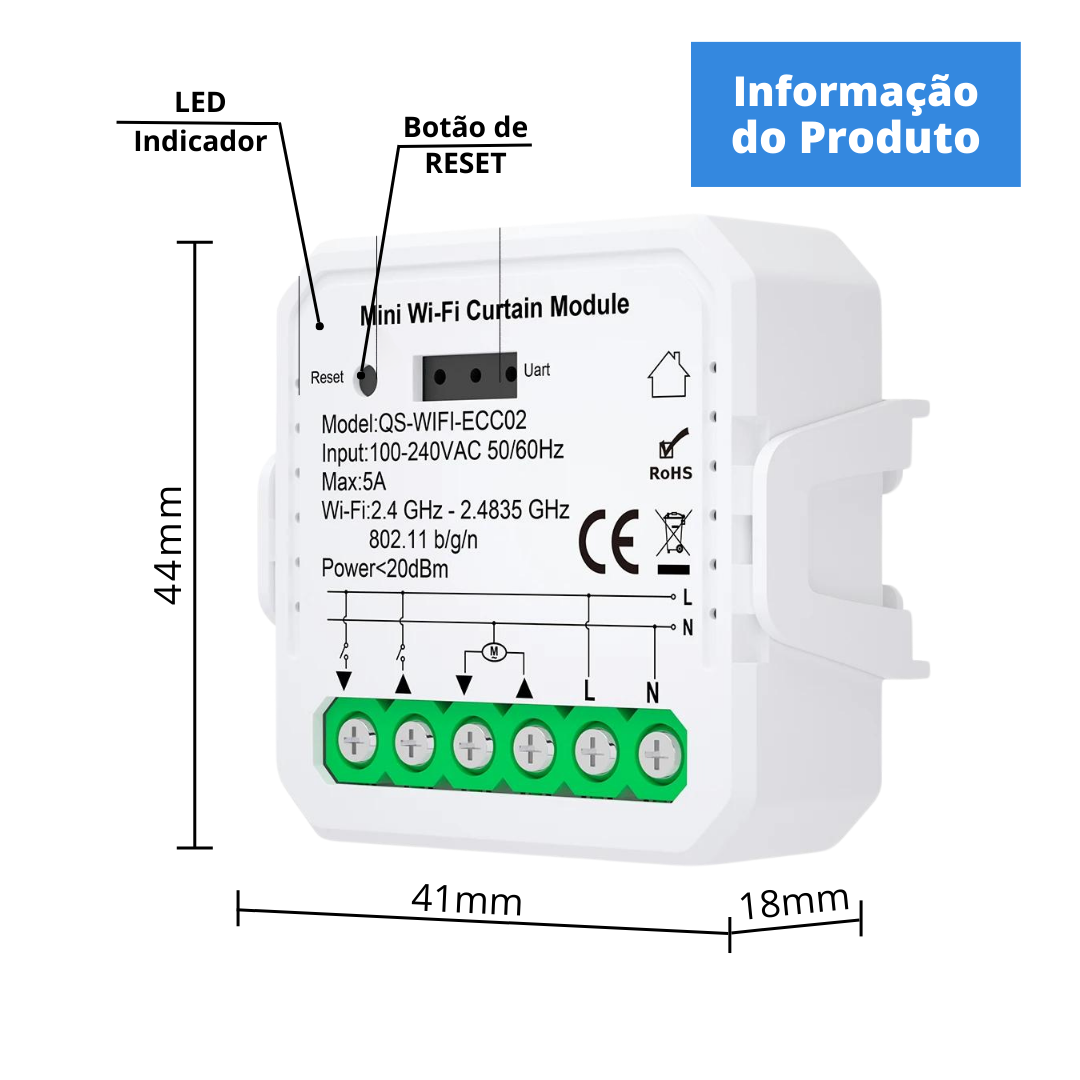 Mini Módulo Wi-Fi para Estores c/ Percentagem - Tuya / Smartlife