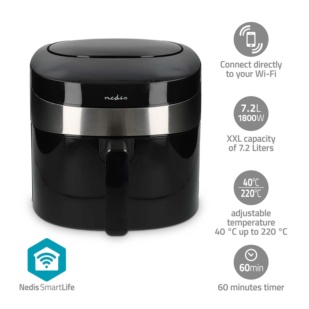 Fritadeira a Ar Quente Inteligente XXL Wi-Fi - Nedis - Tuya / SmartLife
