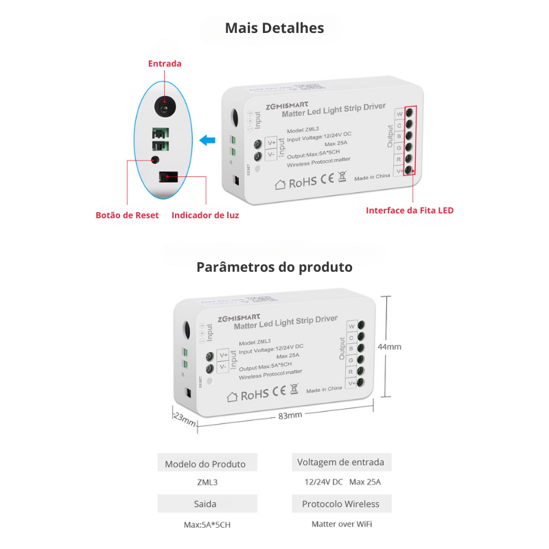 Controlador de tira RGBCW - Matter over Wi-Fi - Tuya / Smartlife