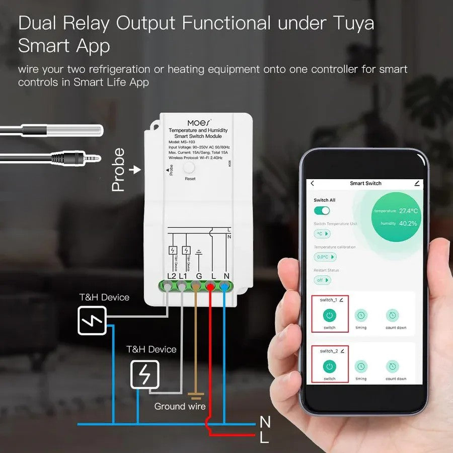 Módulo Interruptor Wi-Fi com Controlador de Temperatura e Humidade e Relé de Saída Duplo - Tuya / Smartlife