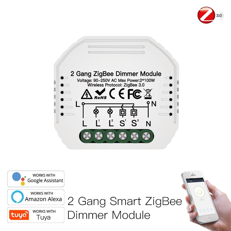 Módulo de Luzes Dimmer Duplo - Zigbee 3.0 para Interruptor Duplo - Tuya / Smartlife - MS-105BZ
