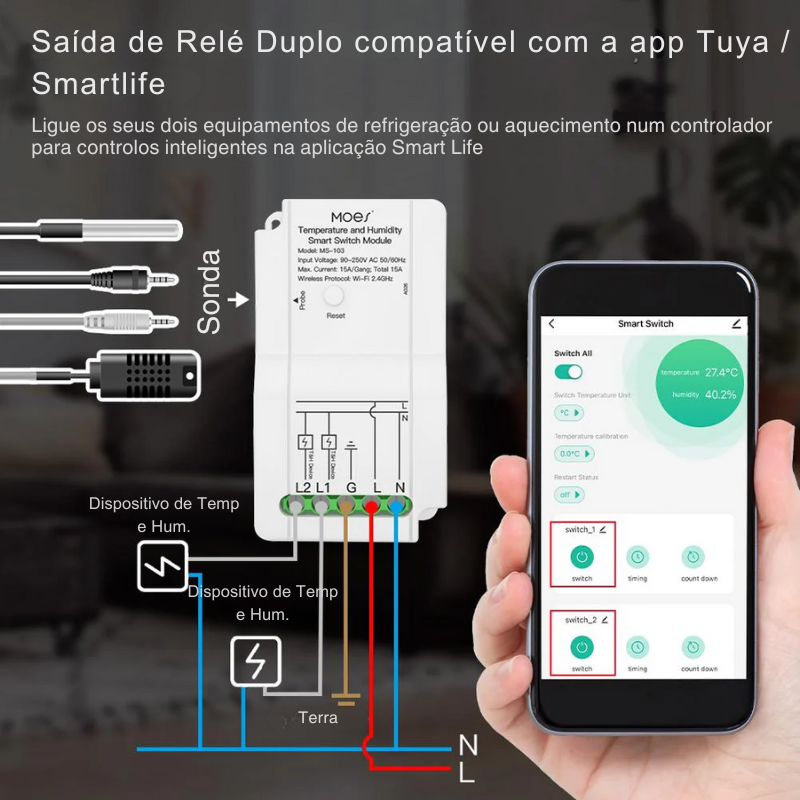 Módulo Interruptor Wi-Fi com Controlador de Temperatura e Humidade - Tuya / Smartlife