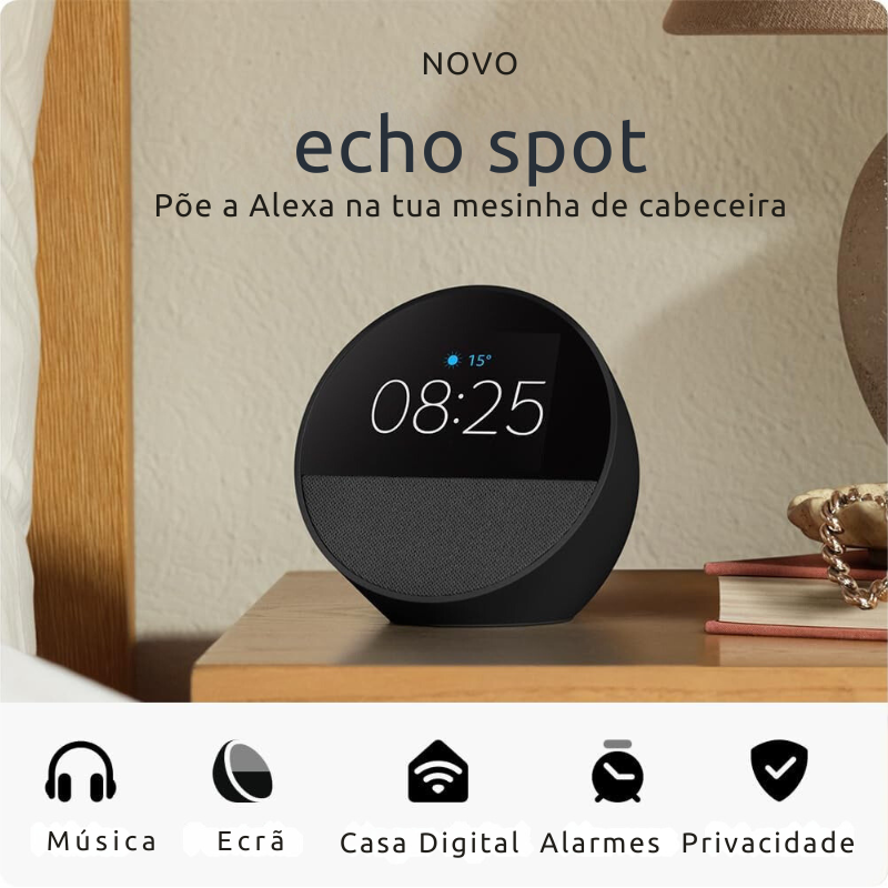 Novo Echo Spot, Relógio inteligente com alarme e som vibrante + Alexa