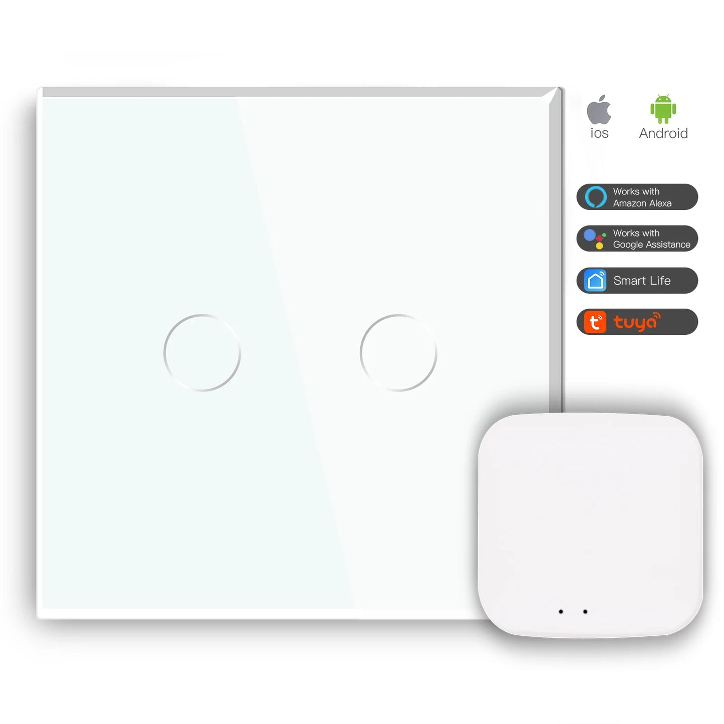 Interruptor Zigbee Desire - 2 Gang - 86x86mm - Vidro Branco - Tuya / Smartlife