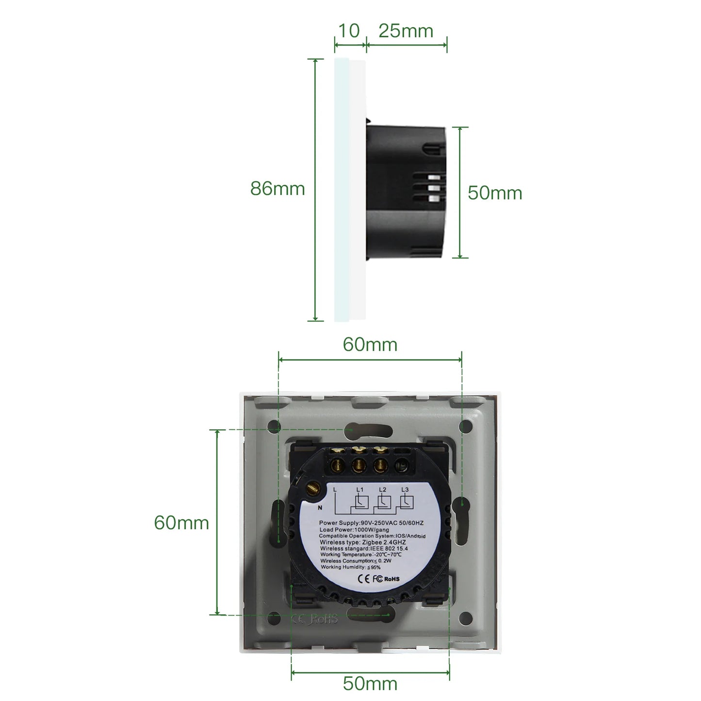 Interruptor Zigbee Desire - 2 Gang - 86x86mm - Vidro Branco - Tuya / Smartlife